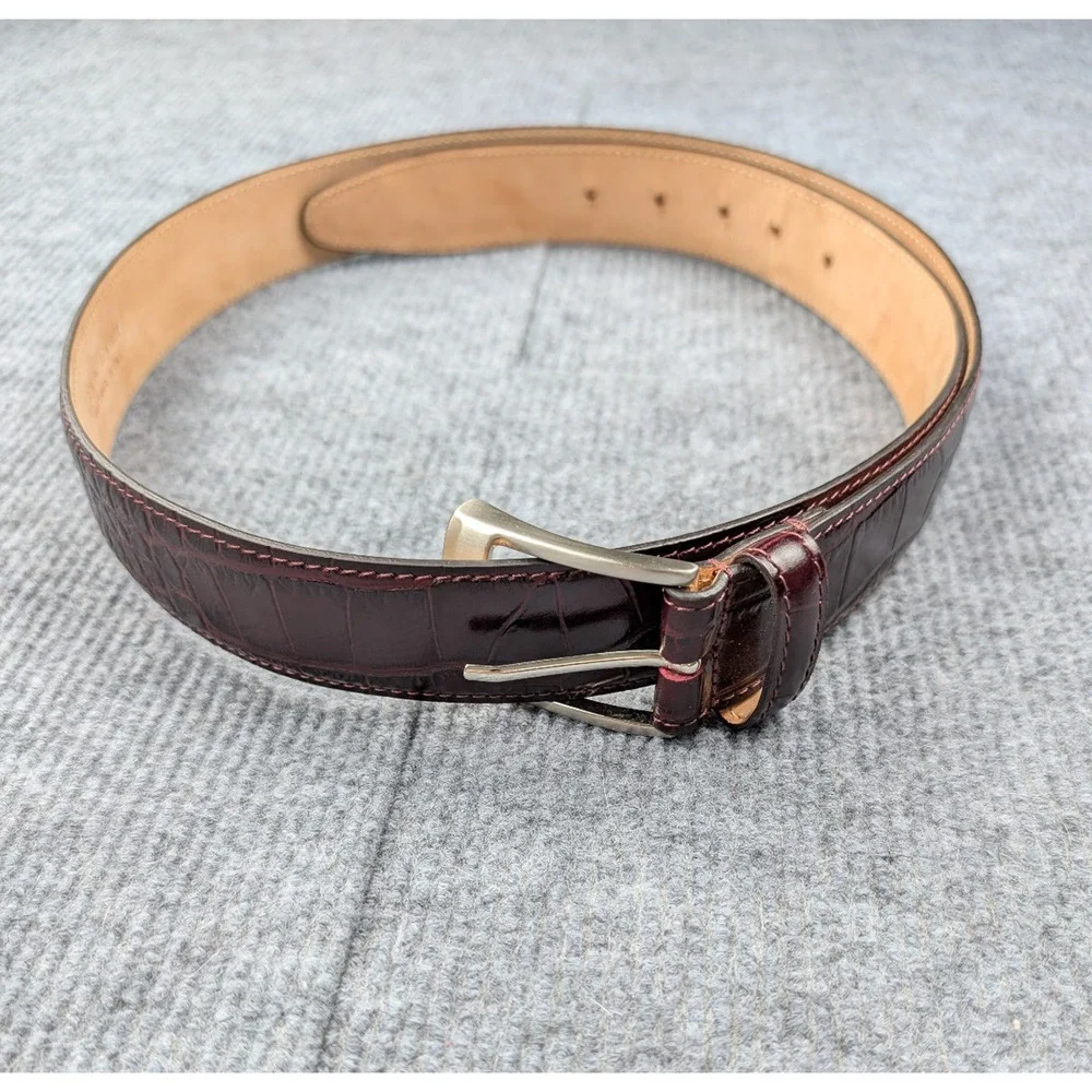 Paul Fredrick Belt Men 42 Croc Embossed Italian Leather Burgundy Hand Made Italy